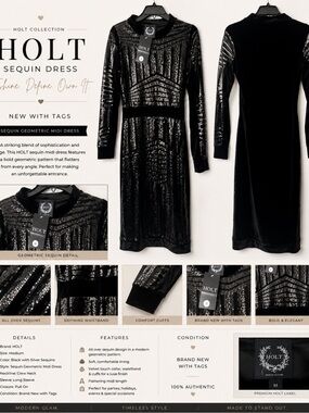 NWTs- Holt Miami Black Sequin Geometric Midi Dress - Long Sleeve